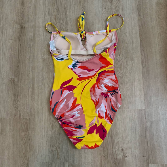Kona Sol Womens One-piece Swimsuit Size Small Yellow Pink Floral Lightly Padded - Picture 10 of 16